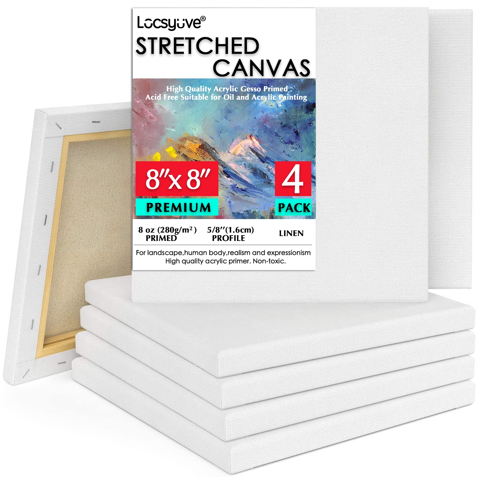 Locsyuve Stretched Canvas, Pack of 4, 8x8 Inches, Square White Canvas, 100% Linen, 8 Oz Gesso-Primed, Art Supplies Mini Canvas